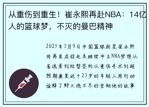 从重伤到重生！崔永熙再赴NBA：14亿人的篮球梦，不灭的曼巴精神