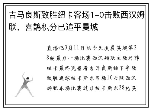 吉马良斯致胜纽卡客场1-0击败西汉姆联,喜鹊积分已追平曼城