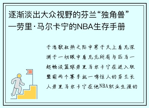 逐渐淡出大众视野的芬兰“独角兽”—劳里·马尔卡宁的NBA生存手册